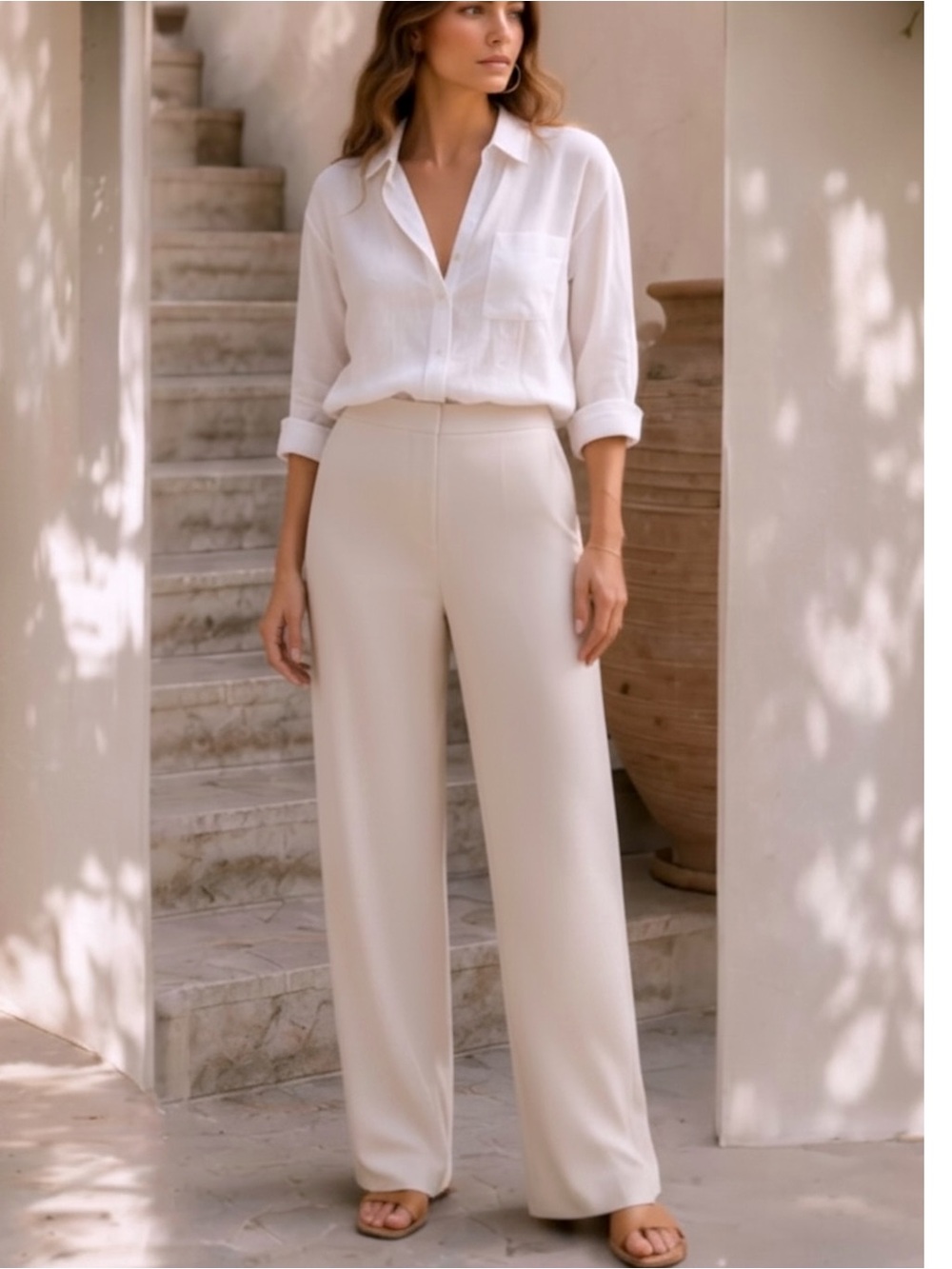 Eileen Fisher 100% Silk Bone Ivory Flat Front Fluid Leg Pants Sz S